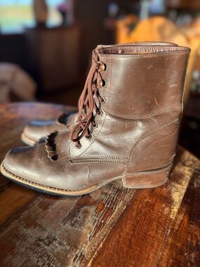 Vintage Brown Leather Lace Up Boots Vibram Sole Kiltie Workwear 8/8.5